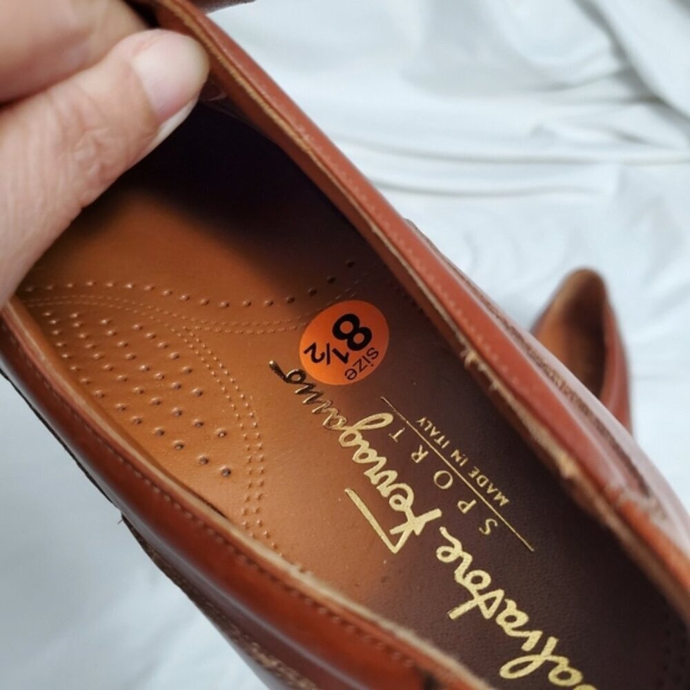 Salvatore Ferragamo SPORT Vintage Leather Kiltie Golf Shoes - Tan & White - Picture 9 of 12